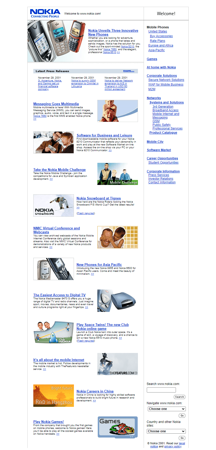 Nokia website in 2001