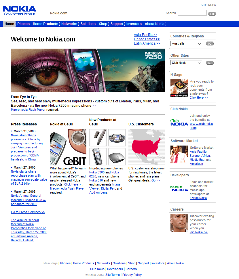 Nokia website in 2003