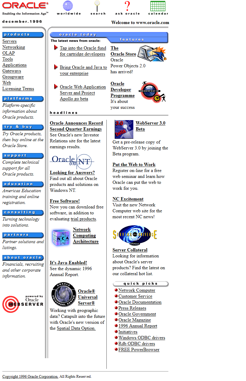 Oracle website in 1996