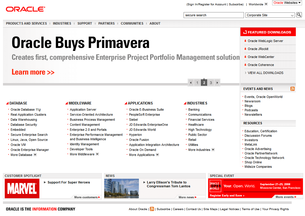 Oracle website in 2008