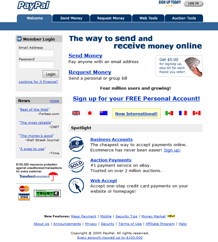 PayPal website in 2000