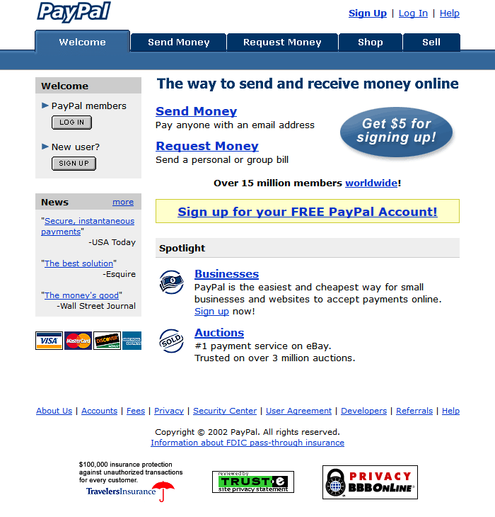 PayPal website in 2002