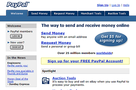 PayPal website in 2003