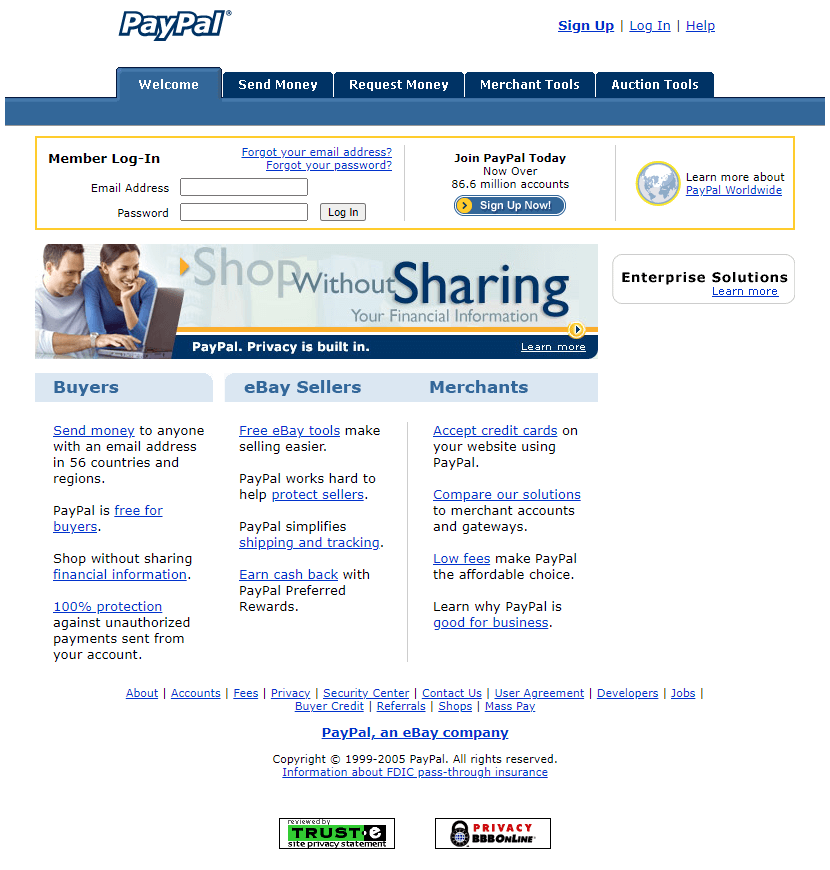 PayPal website in 2005