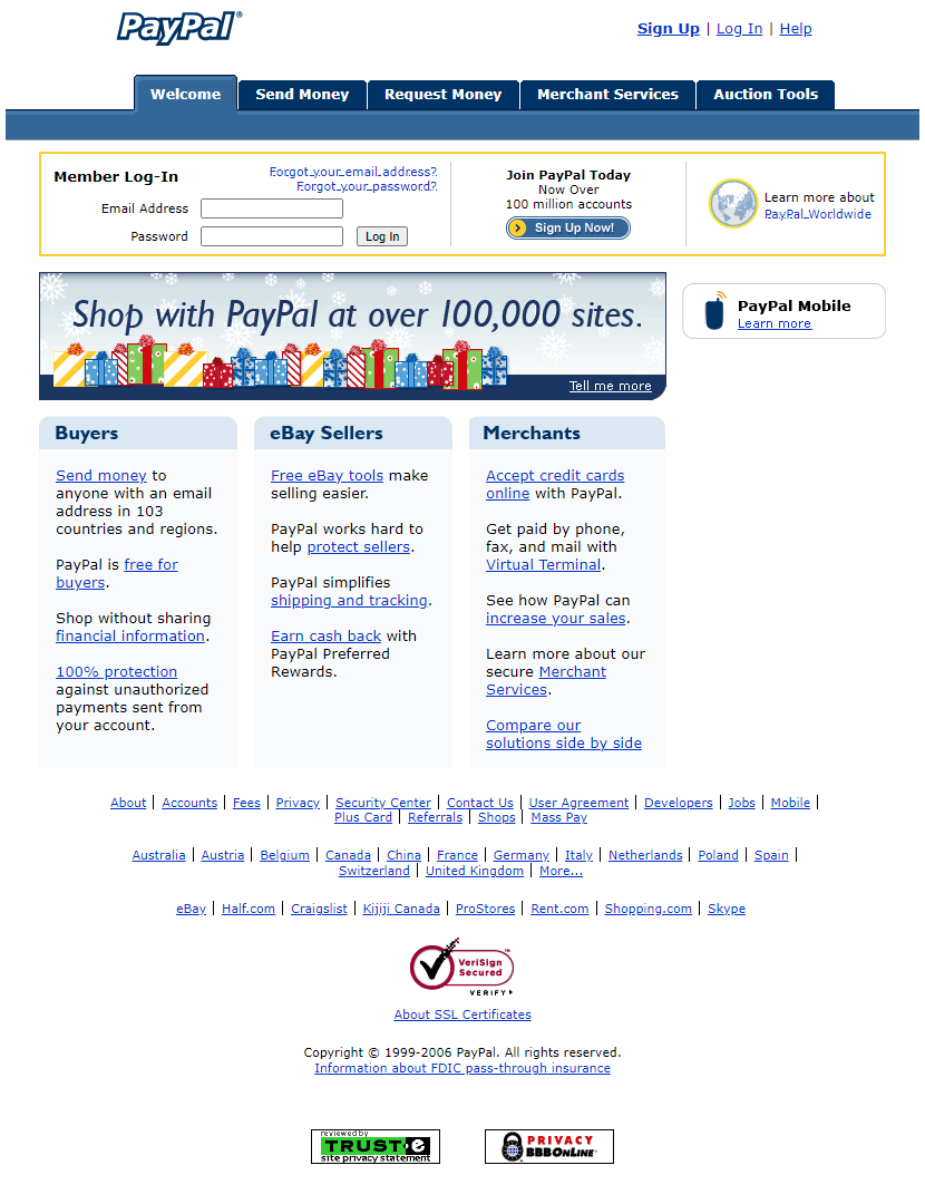 PayPal website in 2006