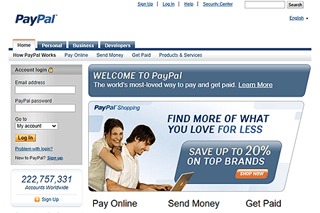 PayPal website in 2010