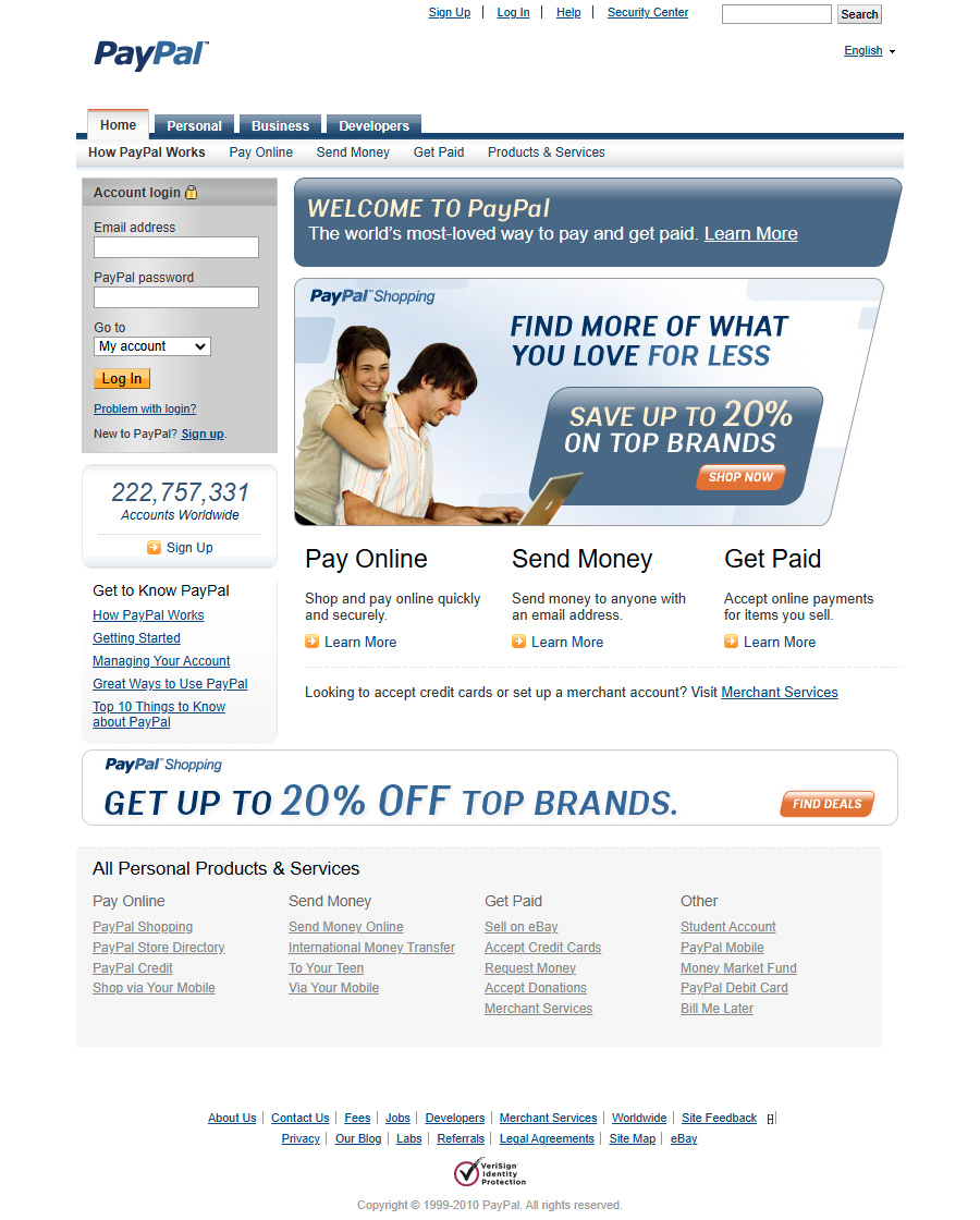 PayPal website in 2010
