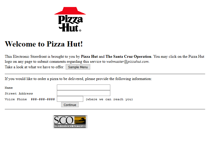 Pizza Hut website in 1996