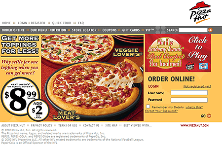 Pizza Hut website in 2003