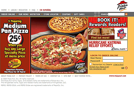 Pizza Hut website in 2005