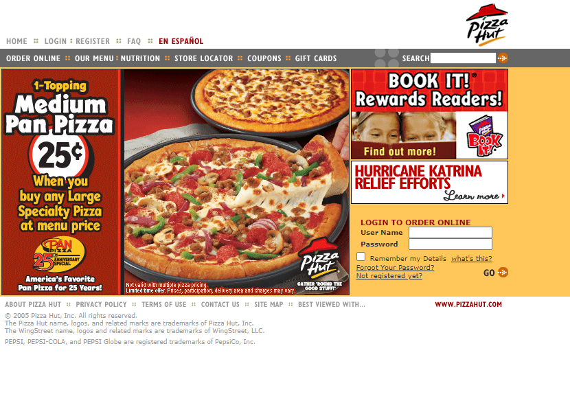 Pizza Hut website in 2005