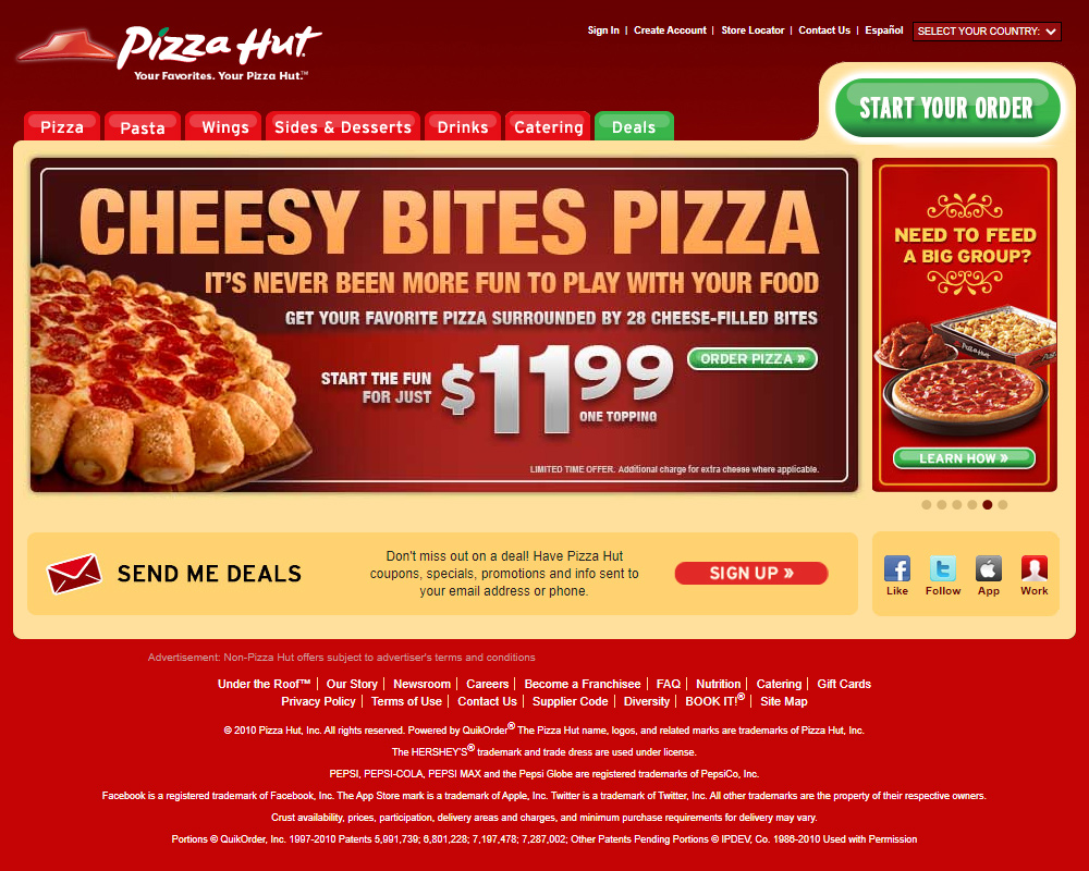 Pizza Hut website in 2010