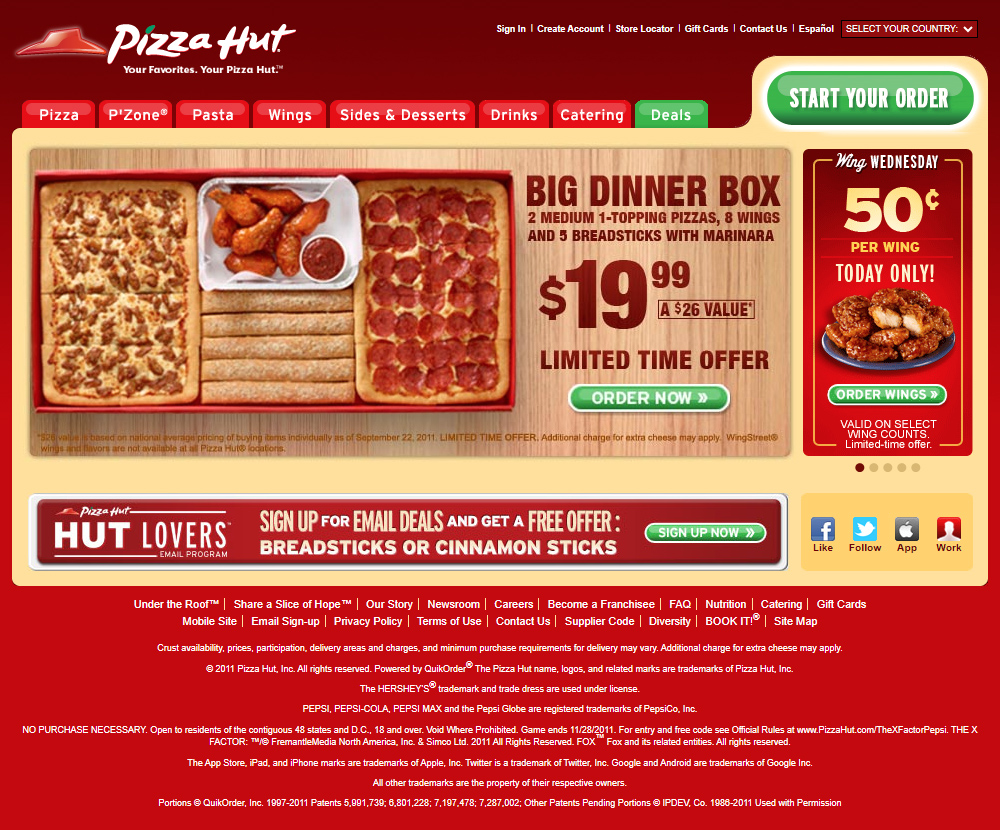 Pizza Hut website in 2011