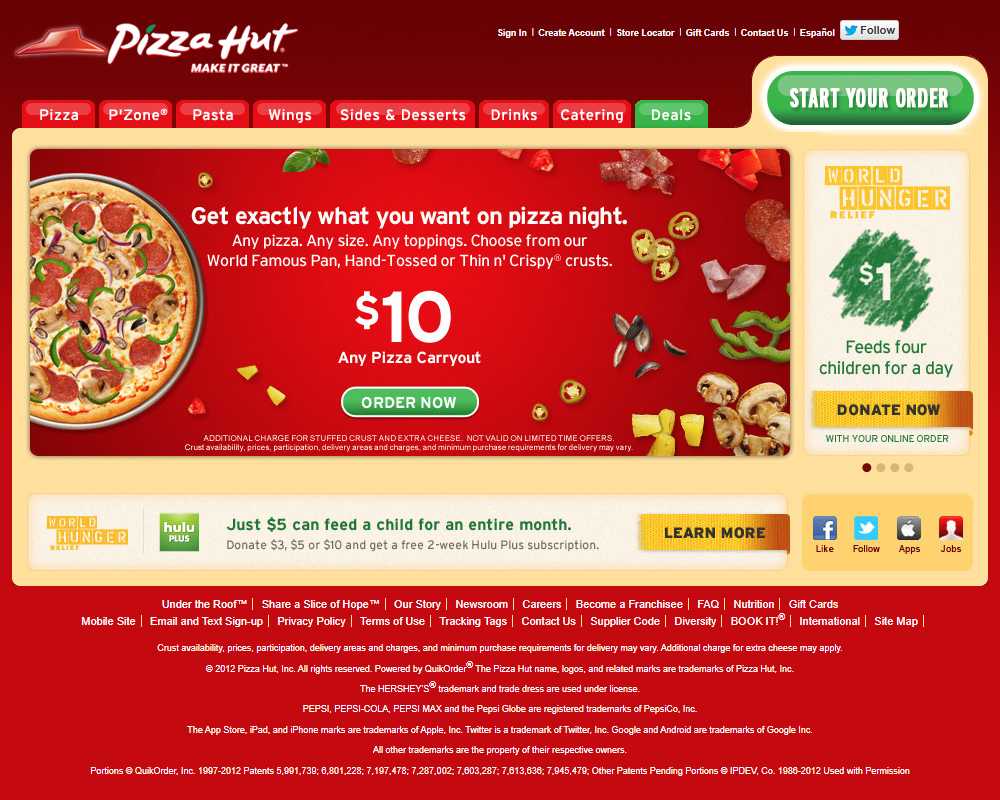 Pizza Hut website in 2012