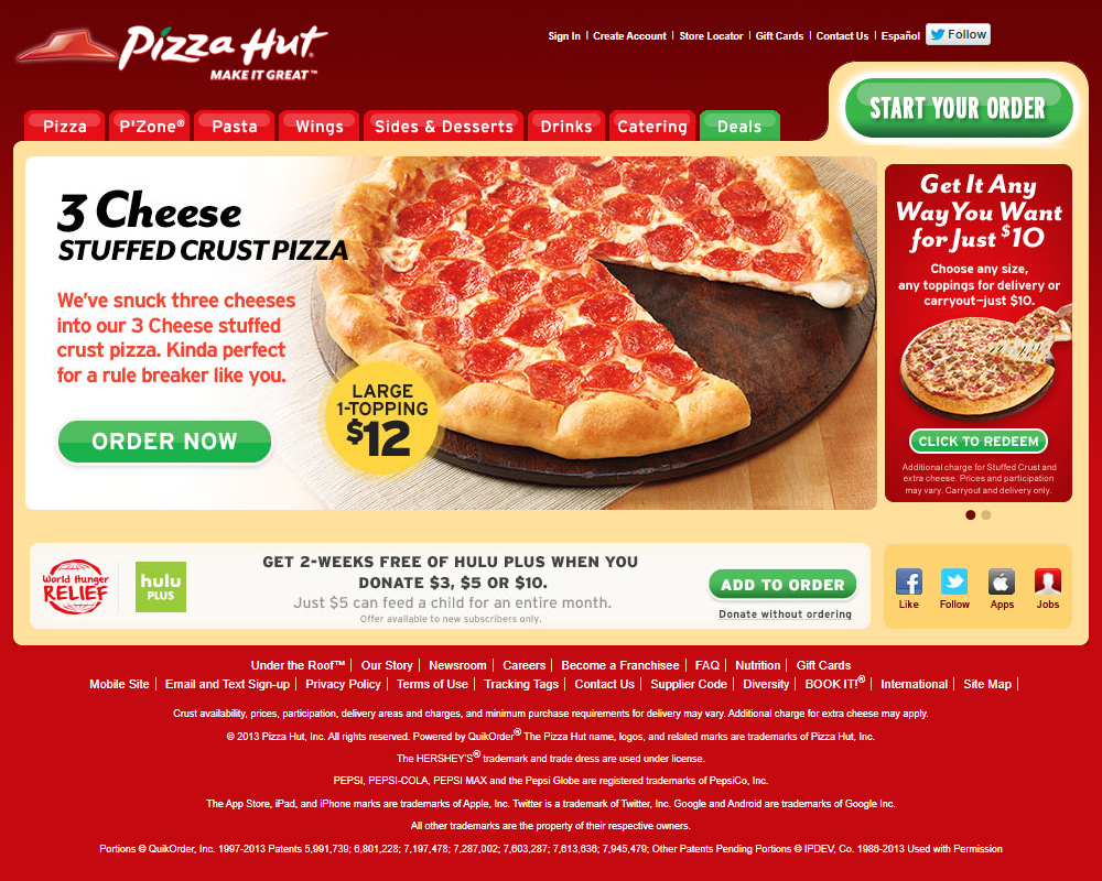 Pizza Hut website in 2013