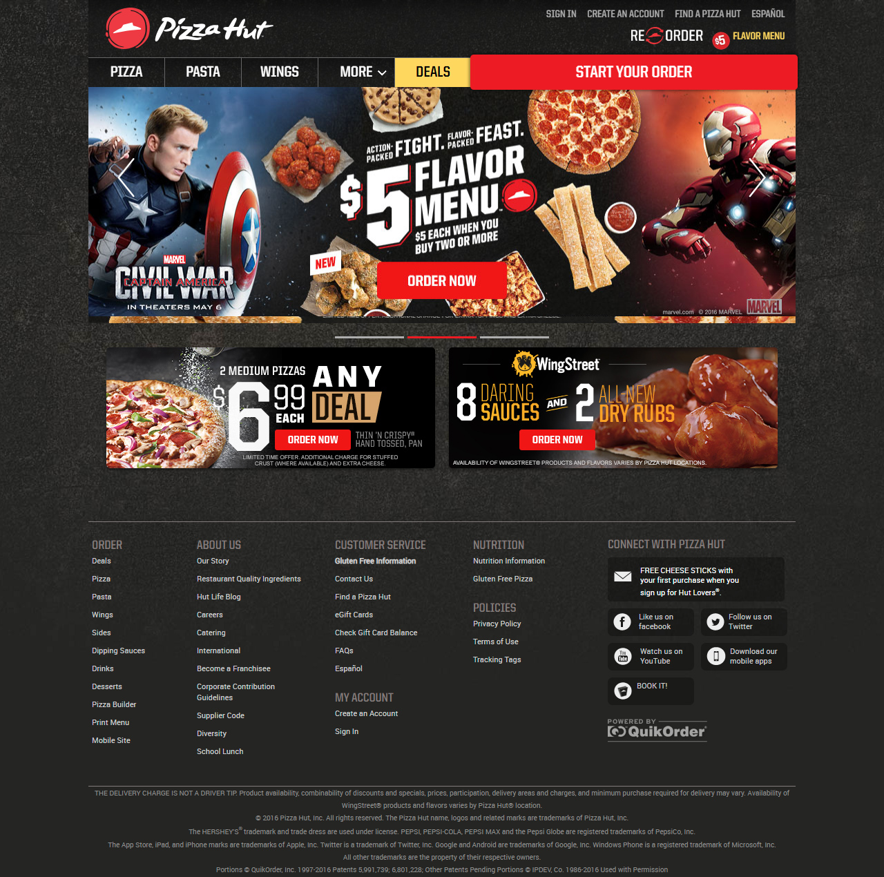 Pizza Hut website in 2016