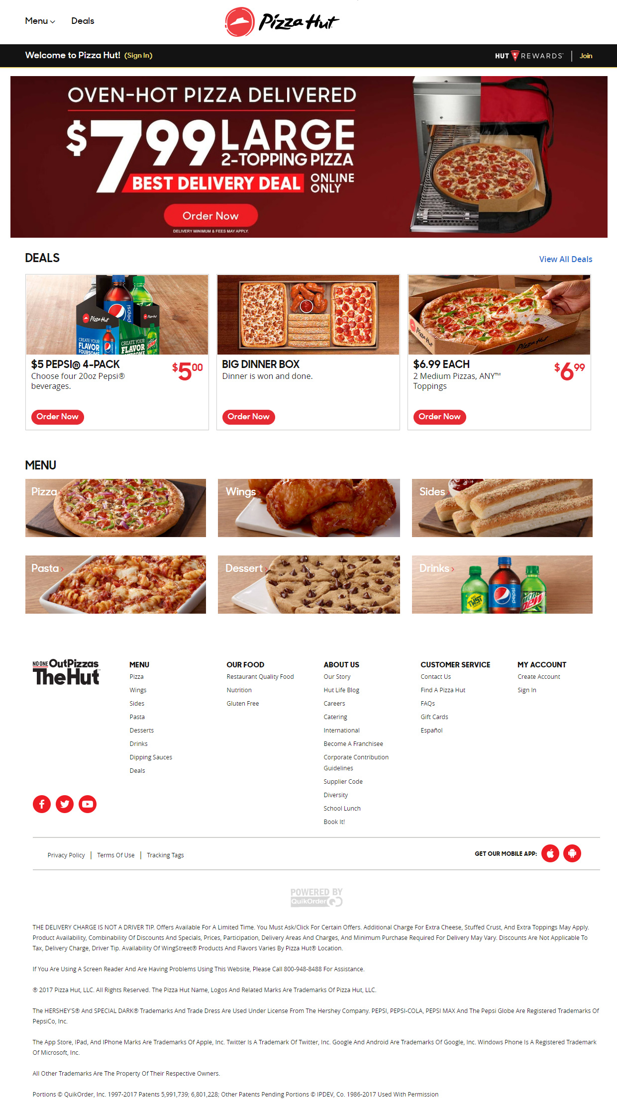 Pizza Hut website in 2017