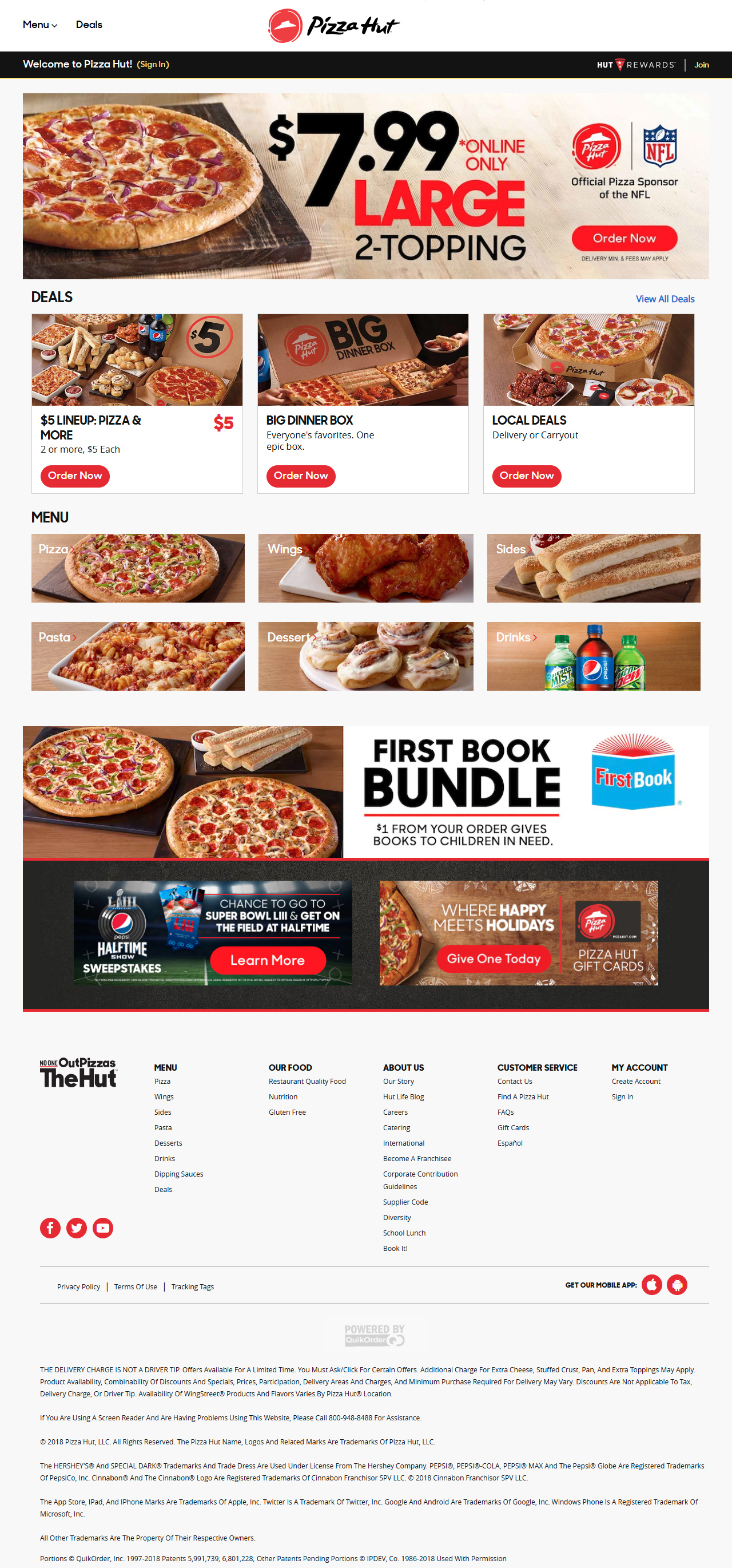Pizza Hut website in 2018