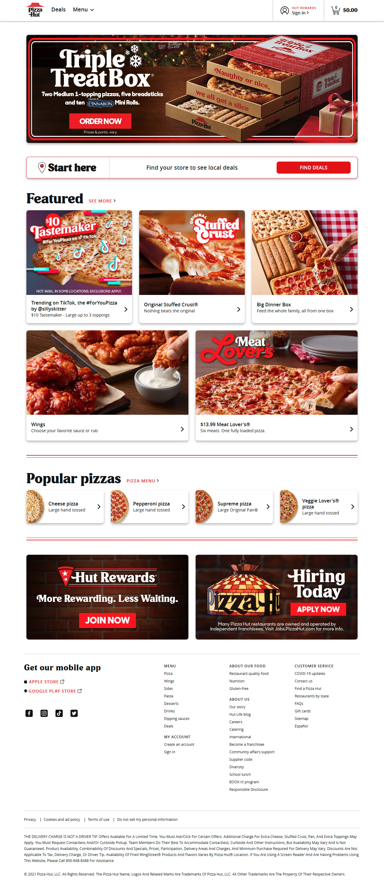Pizza Hut website in 2021