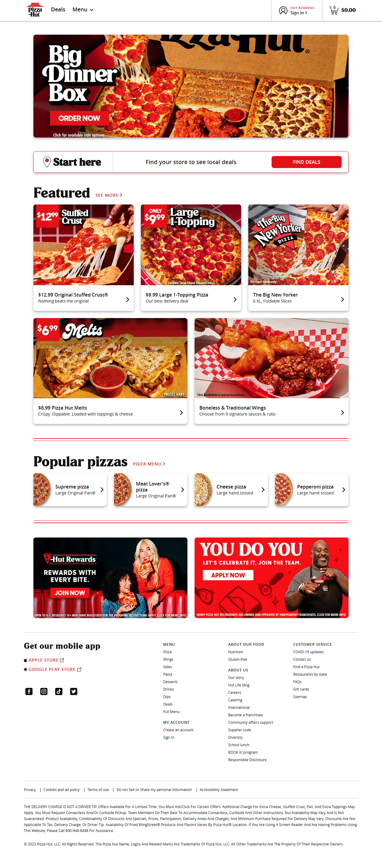Pizza Hut website in 2023