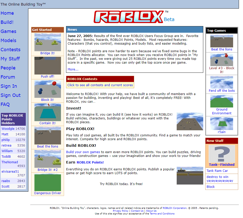 Roblox website in 2005