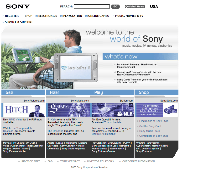Sony website in 2005