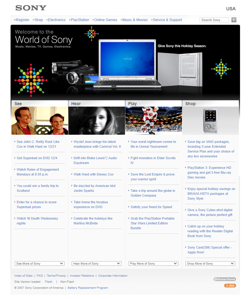 Sony website in 2007