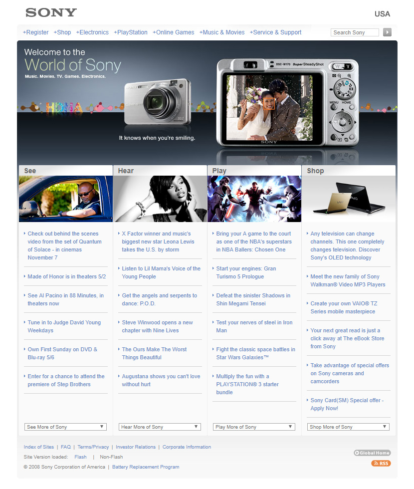 Sony website in 2008