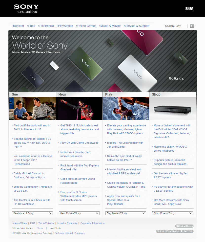 Sony website in 2009