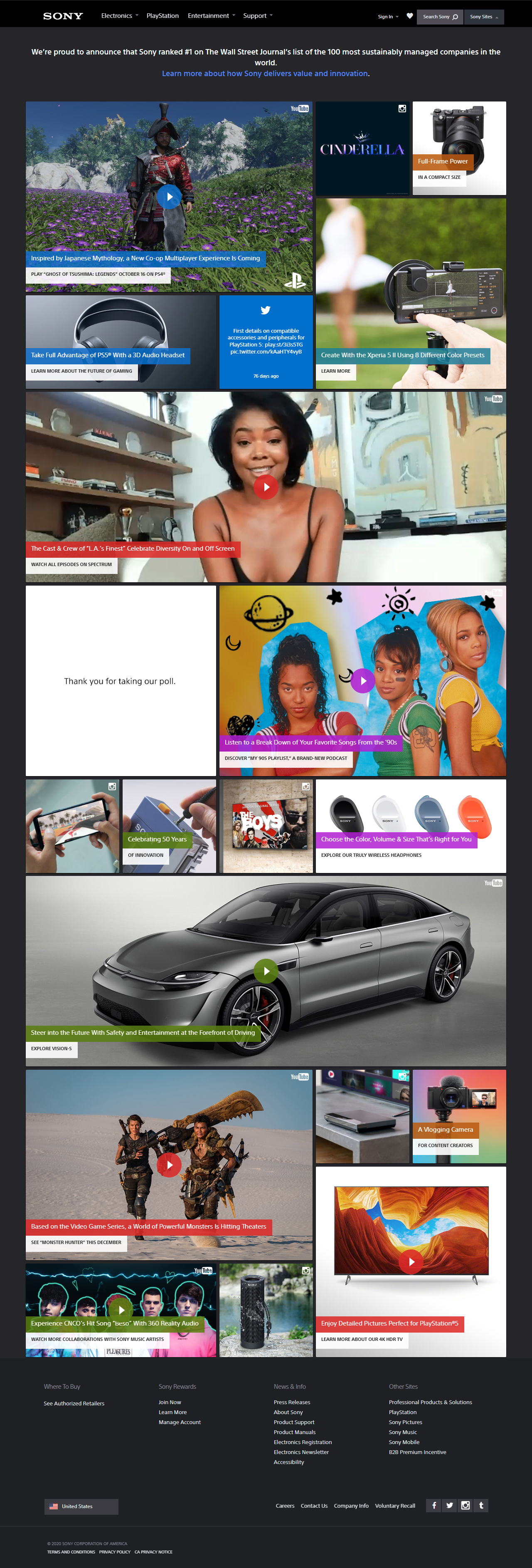 Sony website in 2020