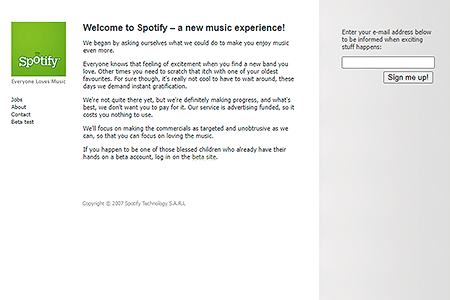 Spotify website in 2007