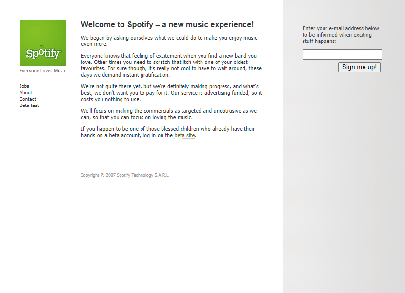 Spotify website in 2007