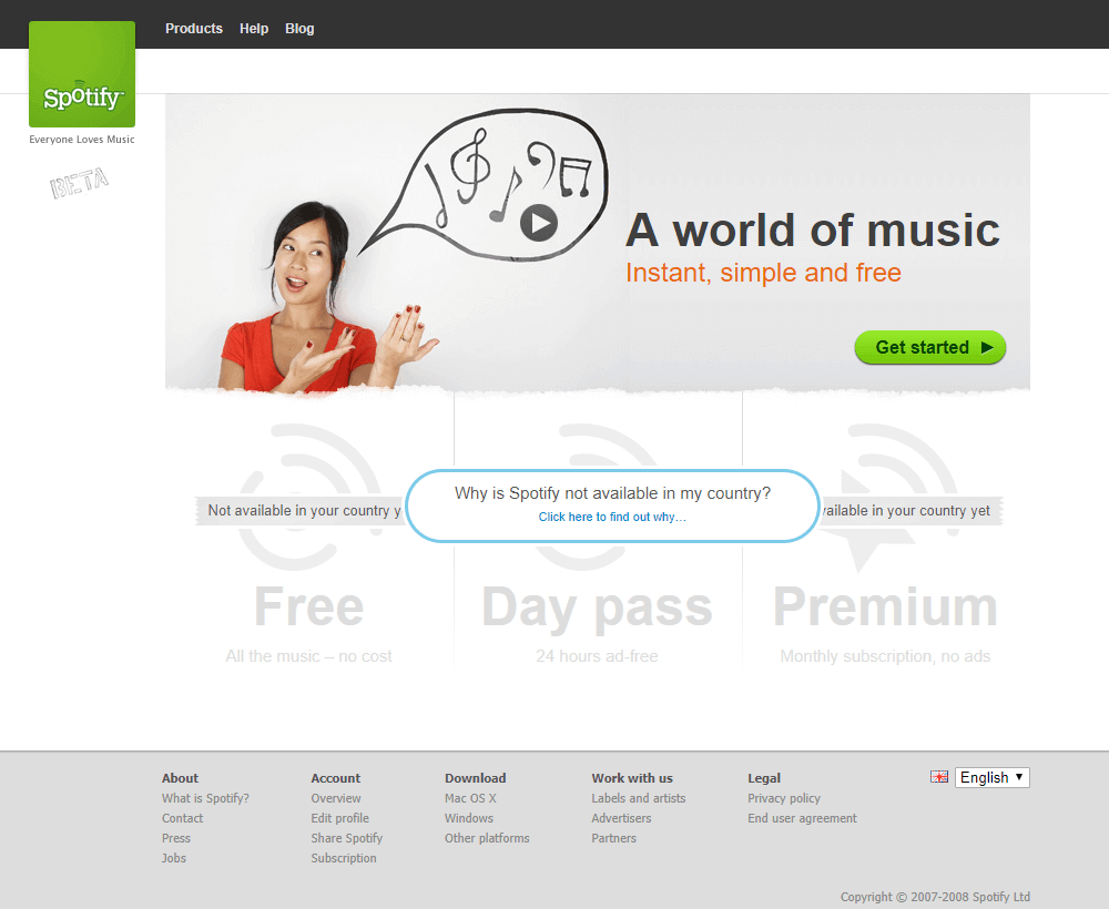 Spotify website in 2008