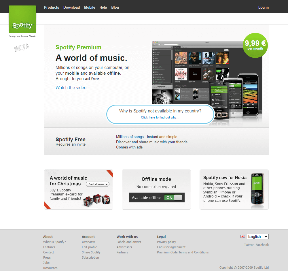 Spotify website in 2009