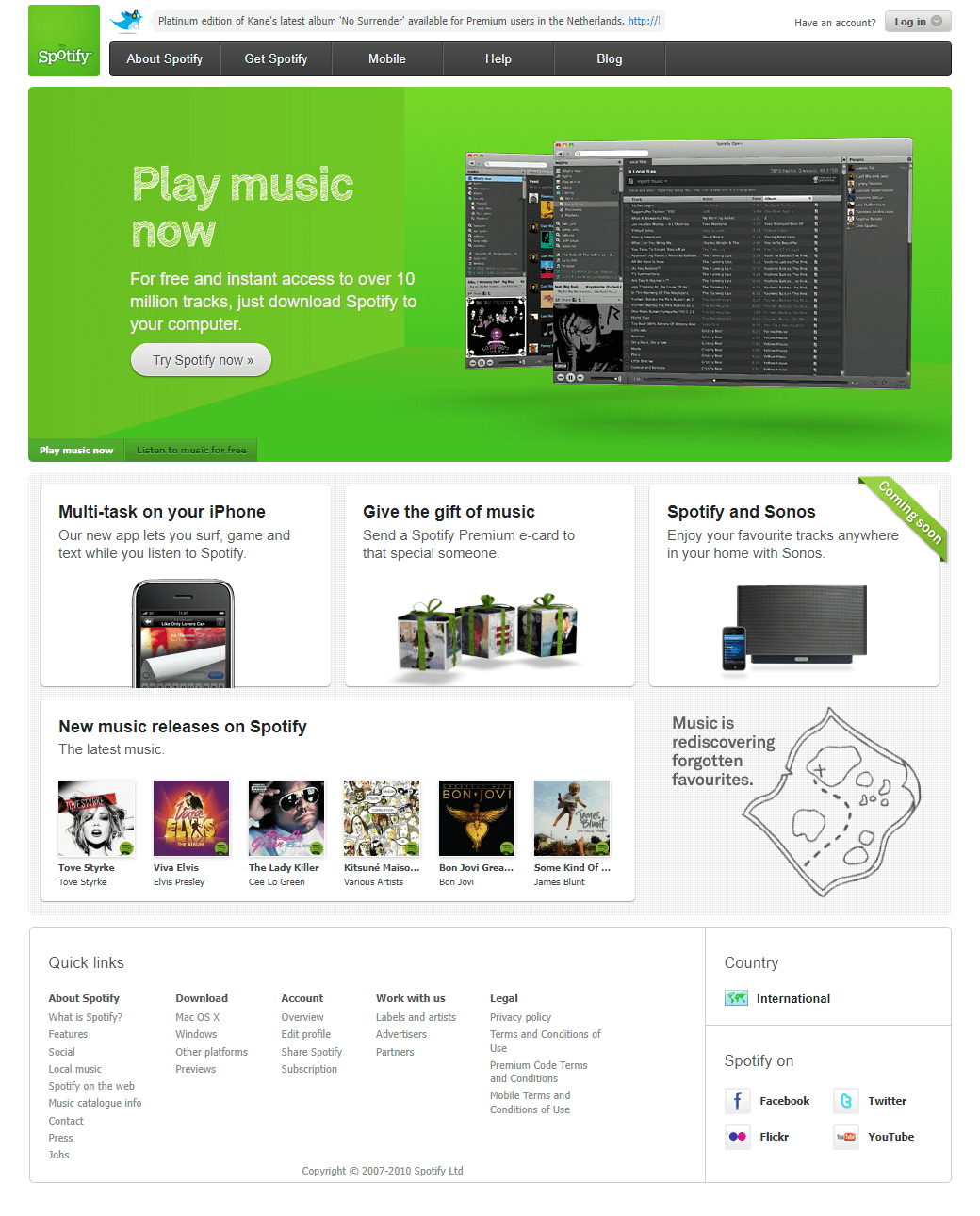 Spotify website in 2010