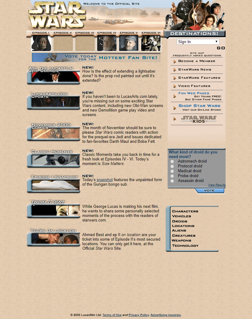 Star Wars website in 2000