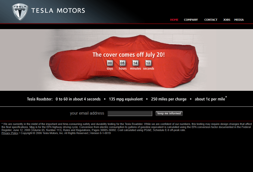 Tesla Motors website in 2006