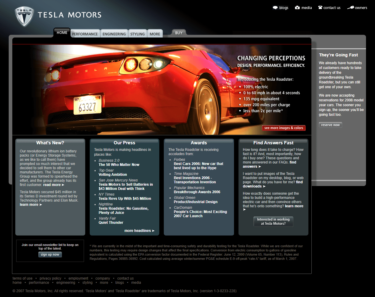 Tesla website in 2007