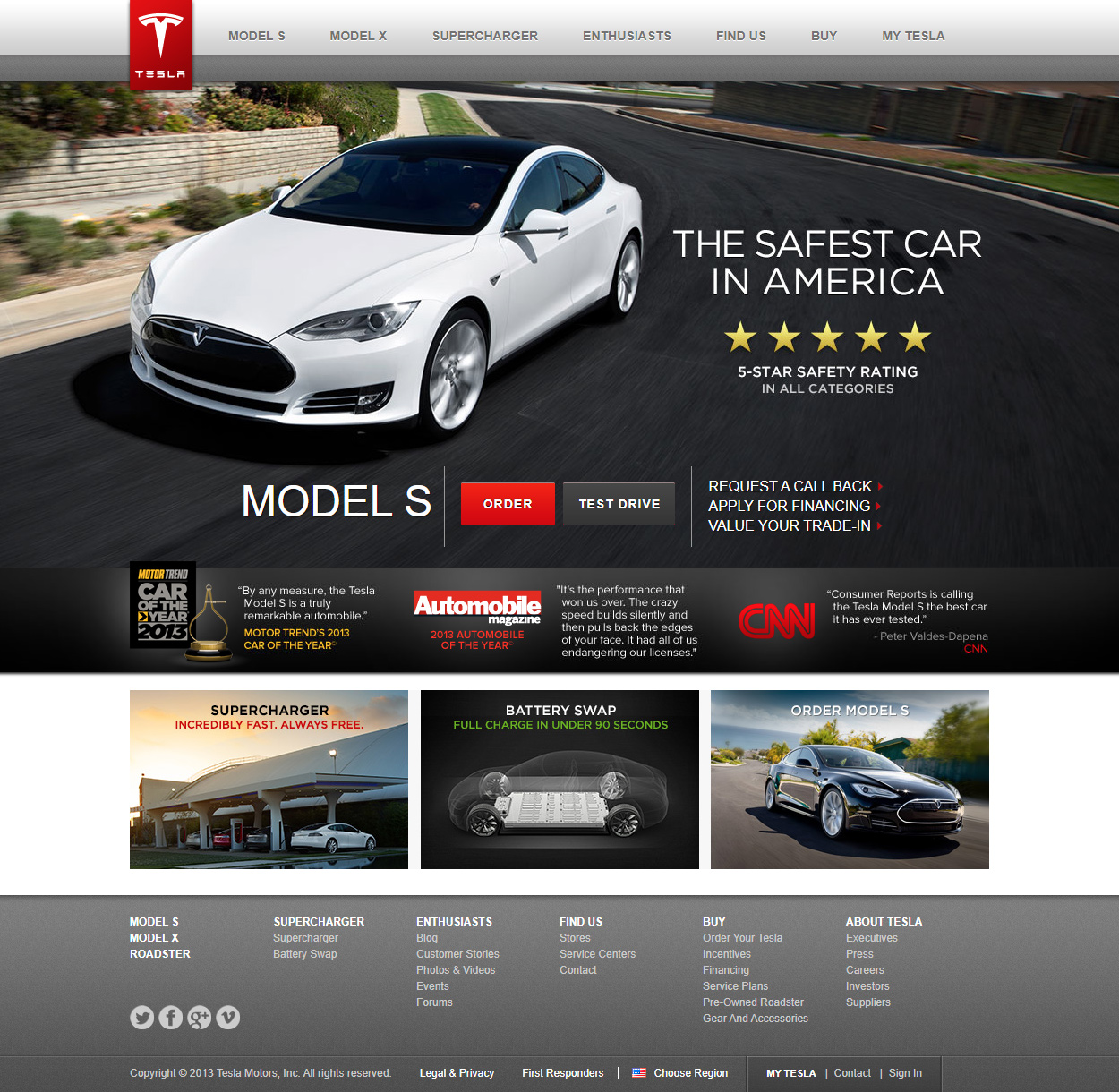 Tesla website in 2013