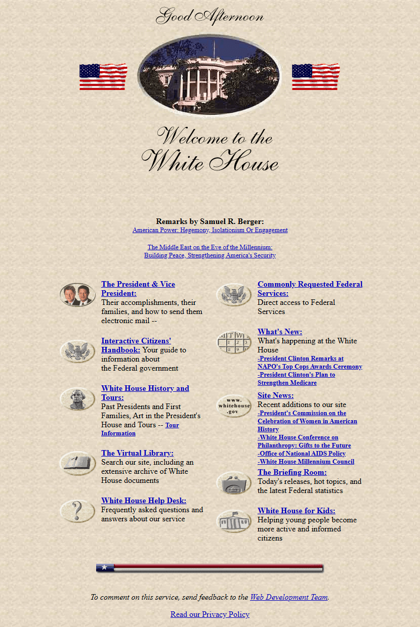 The White House website in 1999
