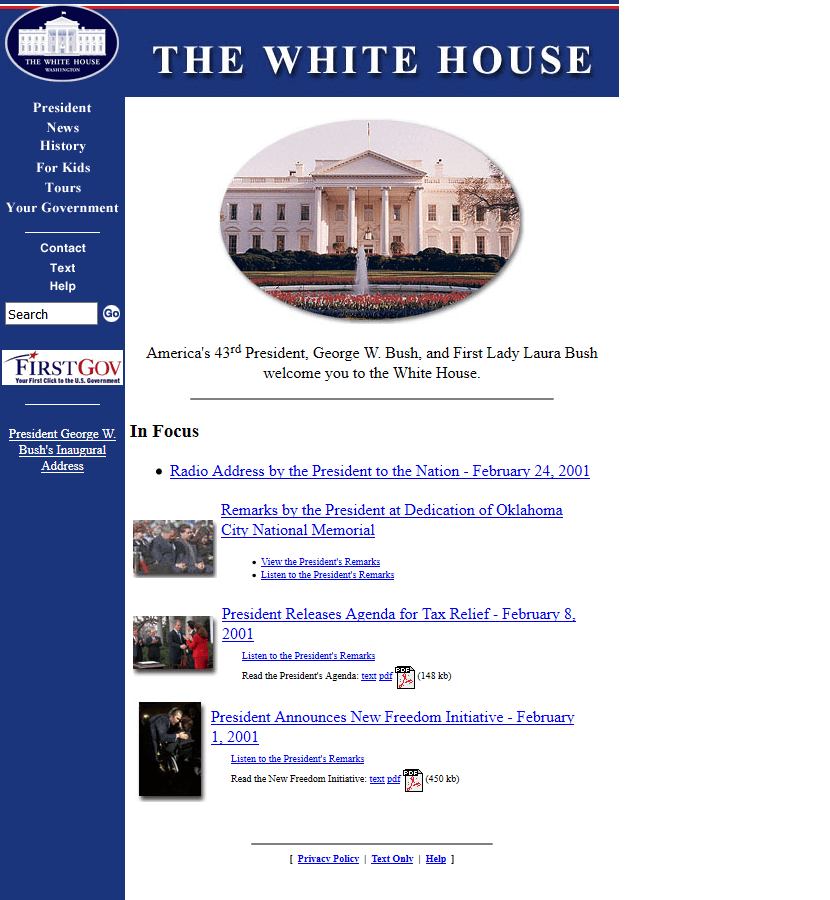 The White House website in 2001