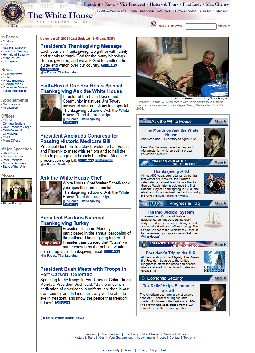 The White House website in 2003