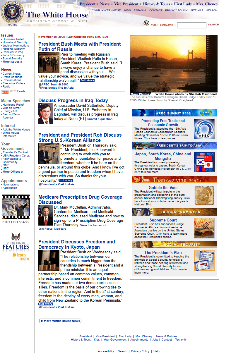 The White House website in 2005