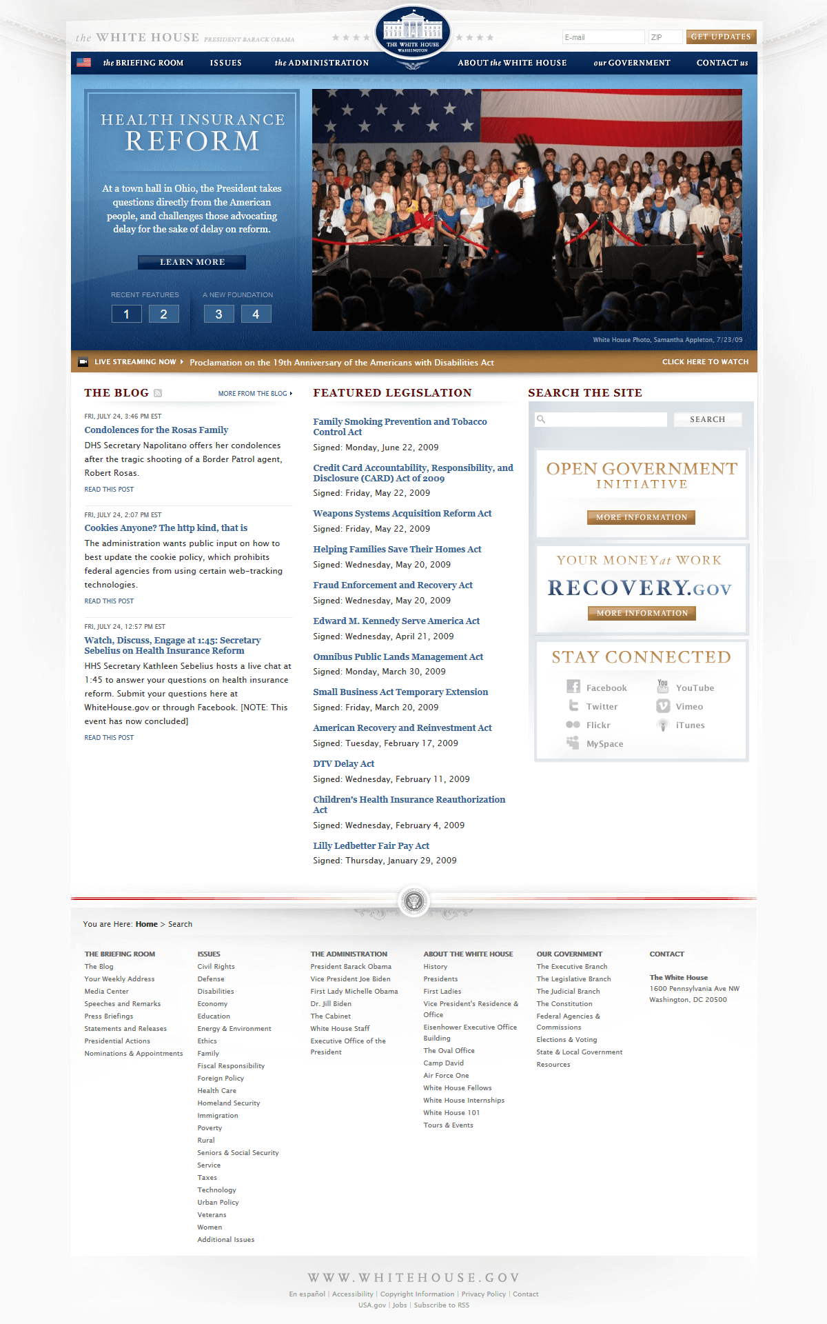 The White House website in 2009