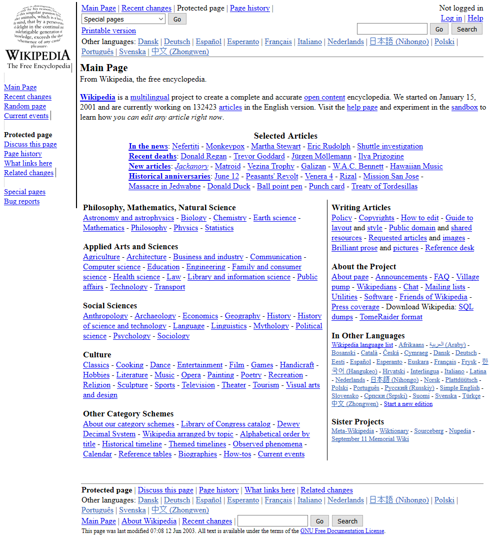 Wikipedia website in 2003