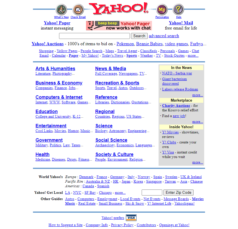 Yahoo website in 1999