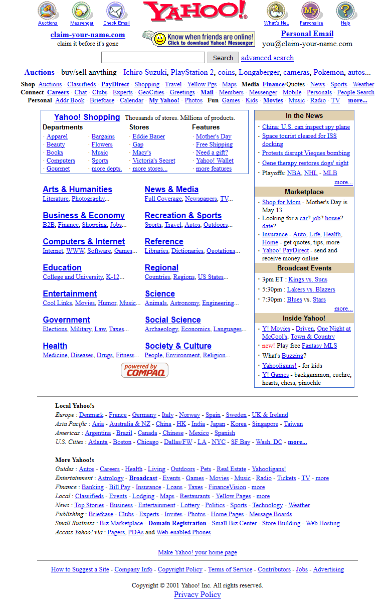Yahoo website in 2001