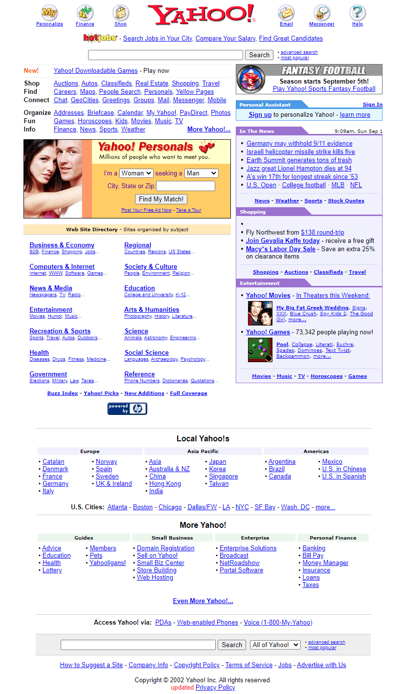 Yahoo website in 2002