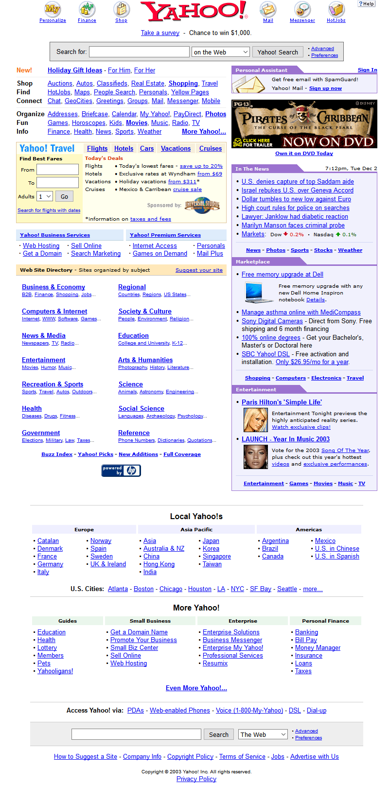 Yahoo website in 2003