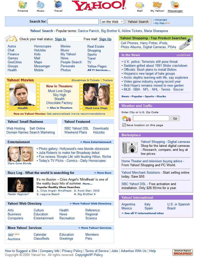 Yahoo website in 2005